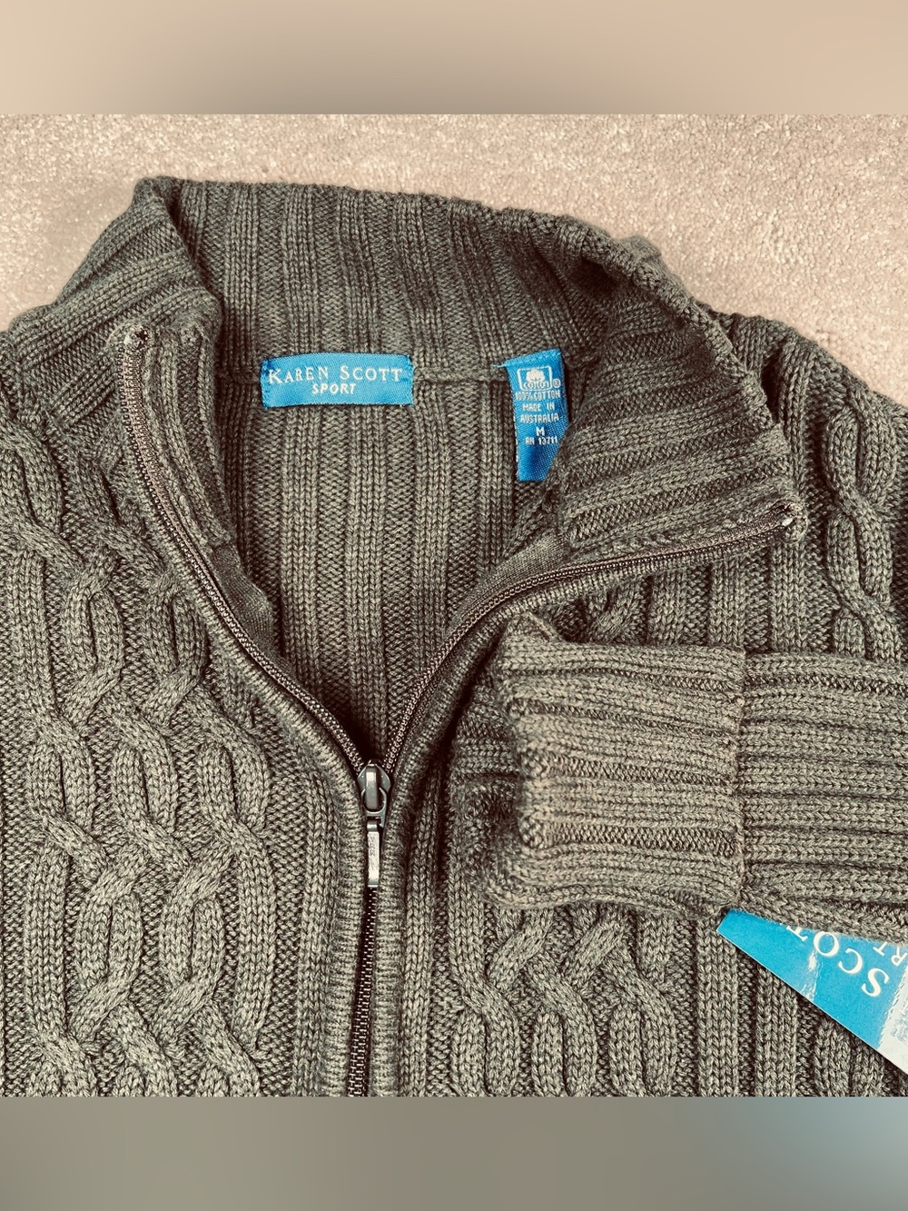 Karen Scott Sport Sweater Cardigan Full Zip Ribbed Cable Knit Dark Green NWT Med